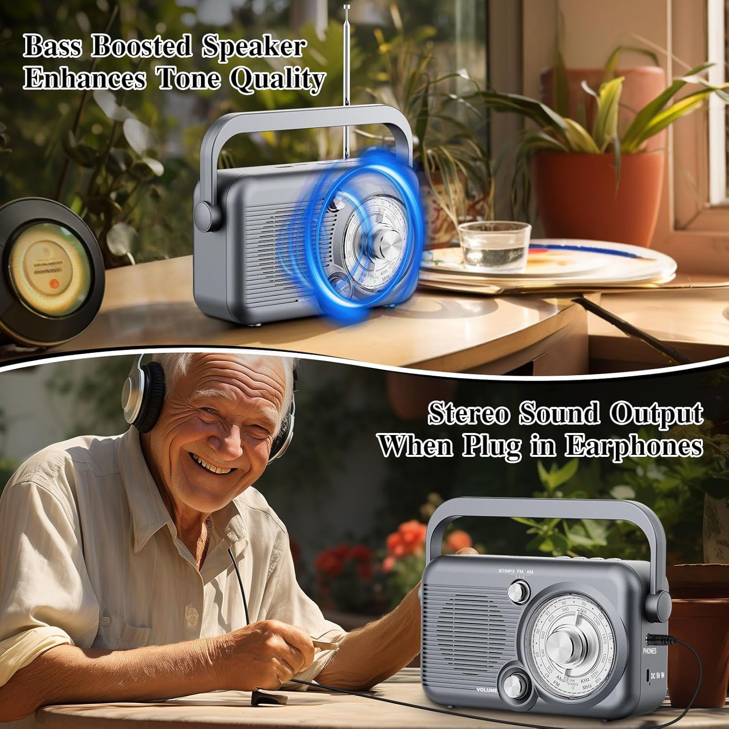 Radio portative avec radio AM FM Bluetooth, radio à ondes courtes rétro, radio à émetteur rechargeable à piles avec USB, pour haut-parleur MP3,