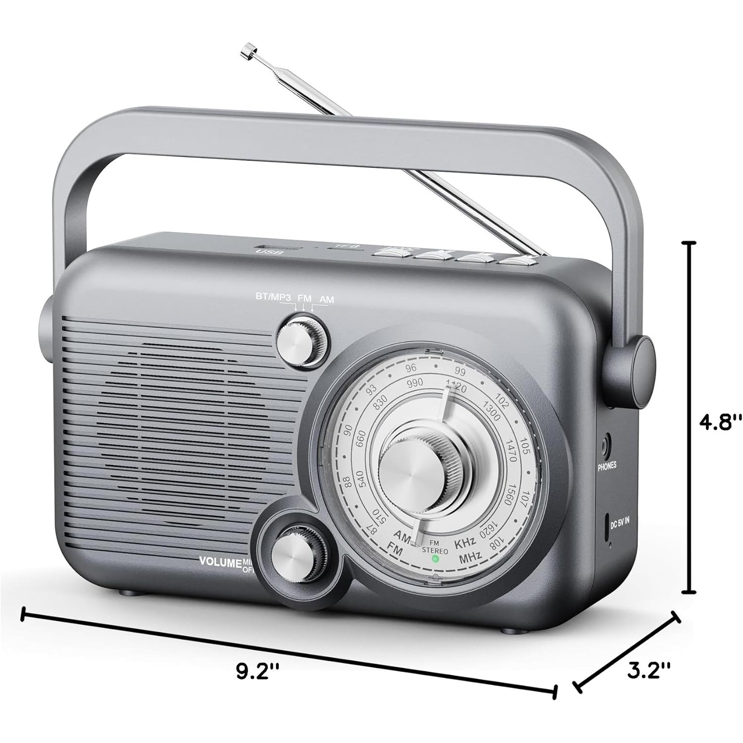 Radio portative avec radio AM FM Bluetooth, radio à ondes courtes rétro, radio à émetteur rechargeable à piles avec USB, pour haut-parleur MP3,
