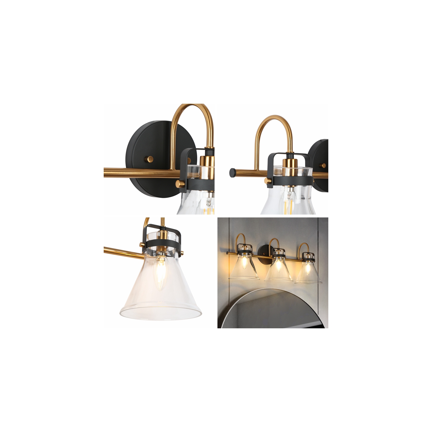 Uolfin 23.6-in 3 -Light Matte Black with Clear Bell Glass Shade Modern/contemporary Bathroom Vanity light Powder Room Light Fixture