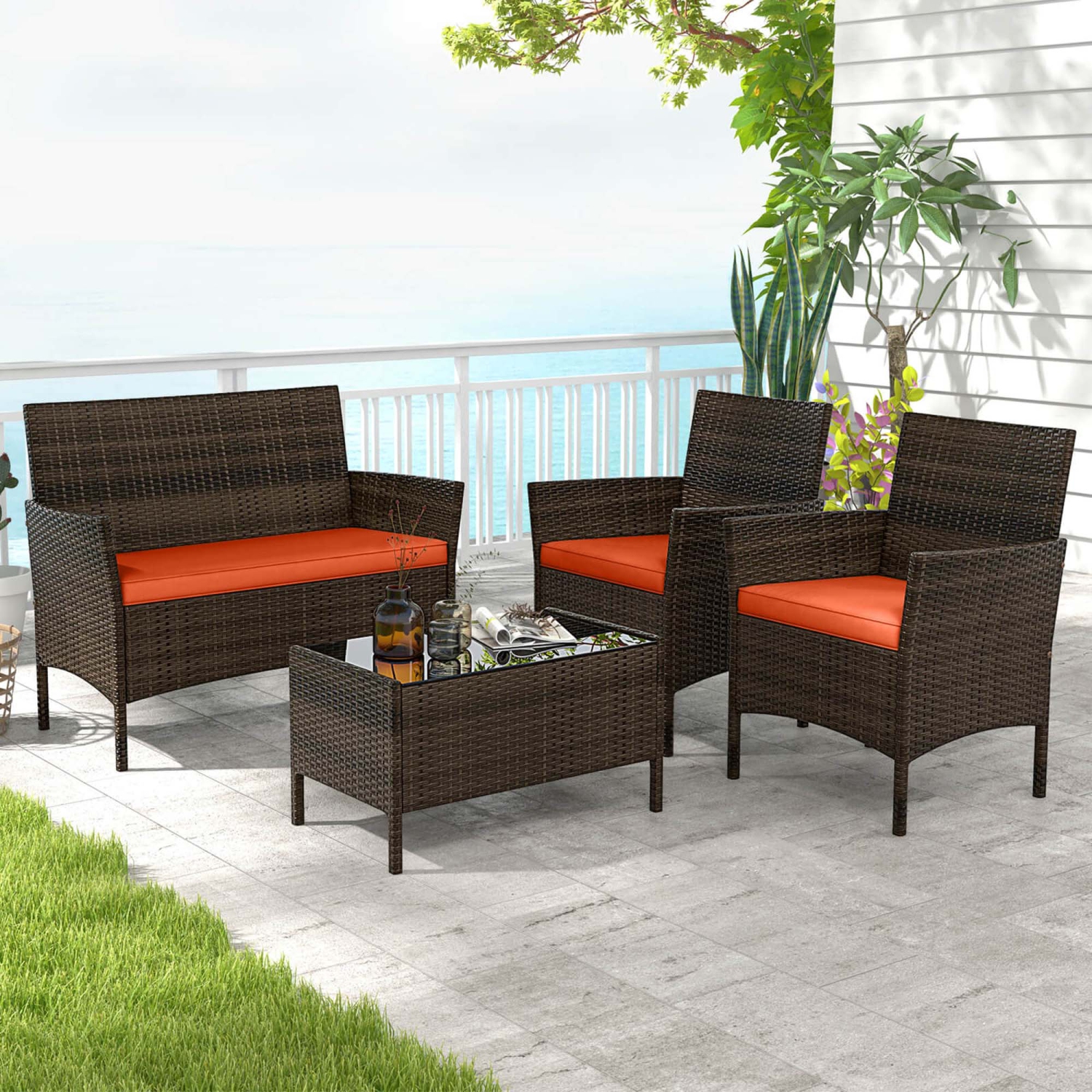Costway 4 PCS Patio Furniture Set with Washable Cushions and Tempered Glass Coffee Table