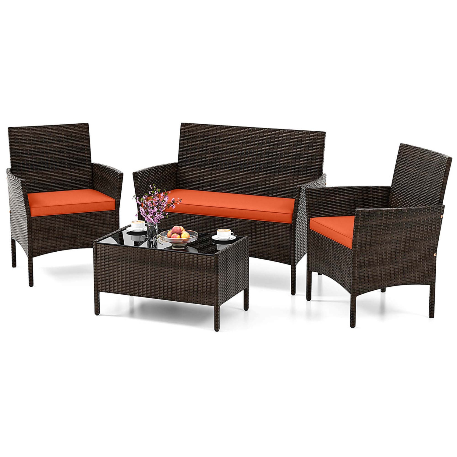 Costway 4 PCS Patio Furniture Set with Washable Cushions and Tempered Glass Coffee Table