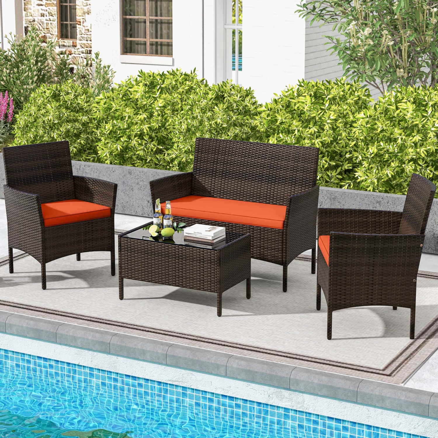 Costway 4 PCS Patio Furniture Set with Washable Cushions and Tempered Glass Coffee Table