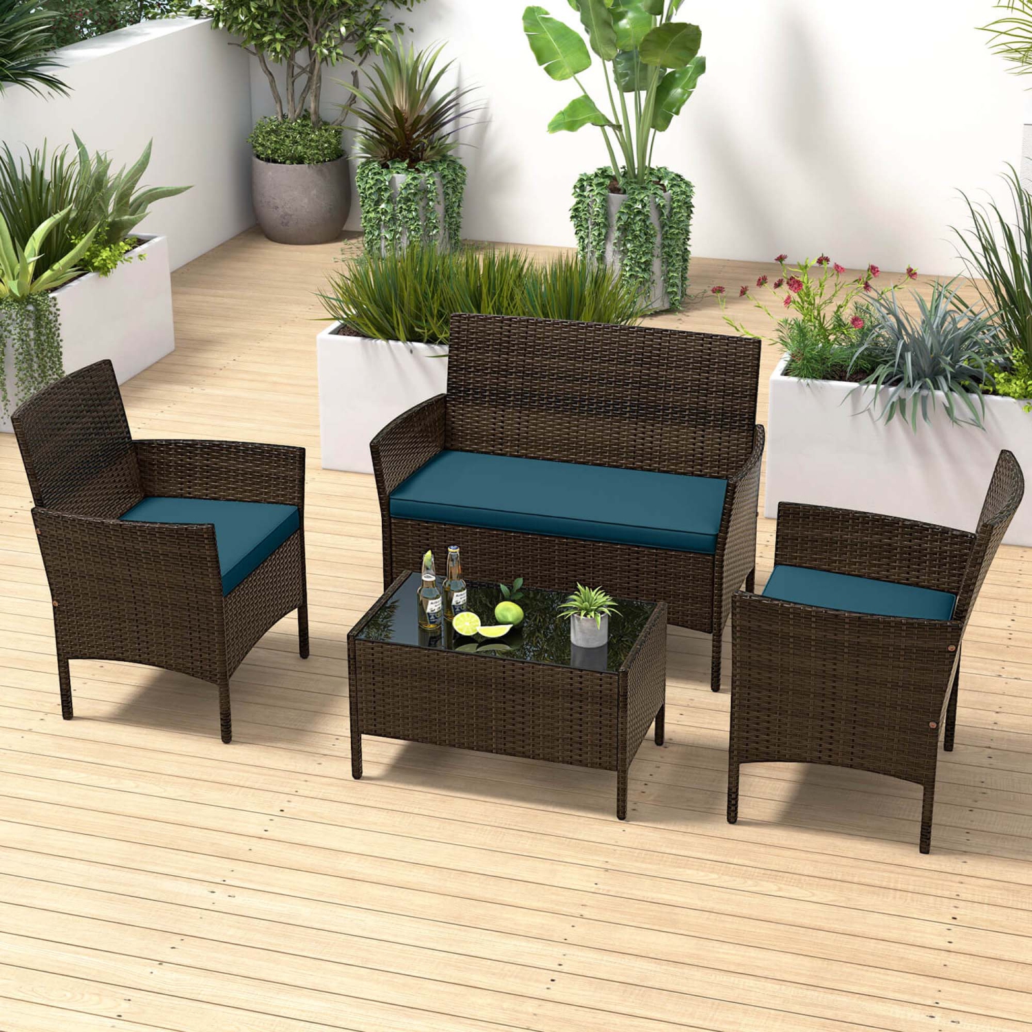 Costway 4 PCS Patio Furniture Set with Washable Cushions and Tempered Glass Coffee Table