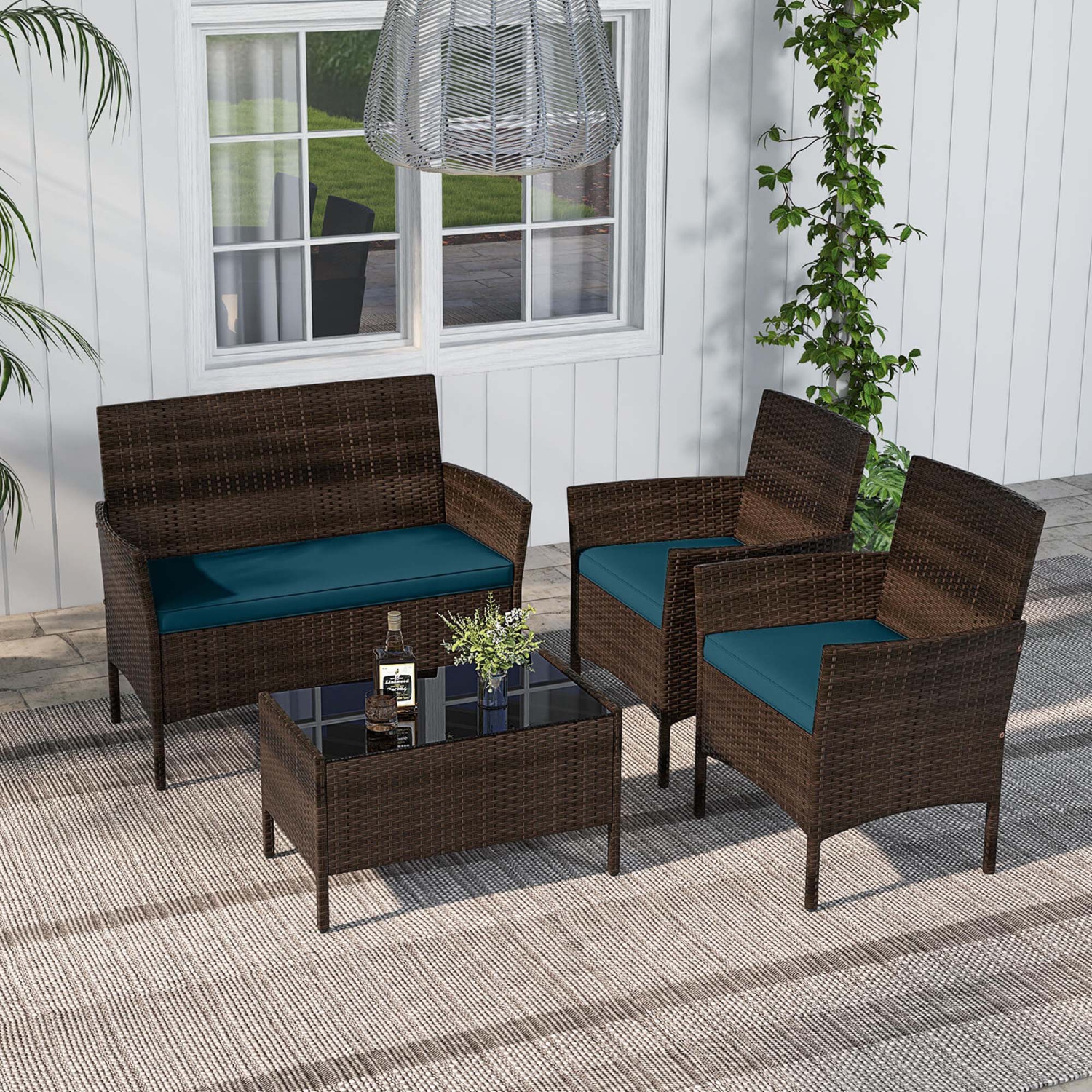 Costway 4 PCS Patio Furniture Set with Washable Cushions and Tempered Glass Coffee Table