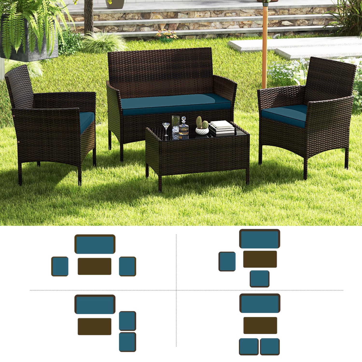 Ensemble de meubles de patio 8 PCS de Costway avec coussins lavables et table basse en verre trempé