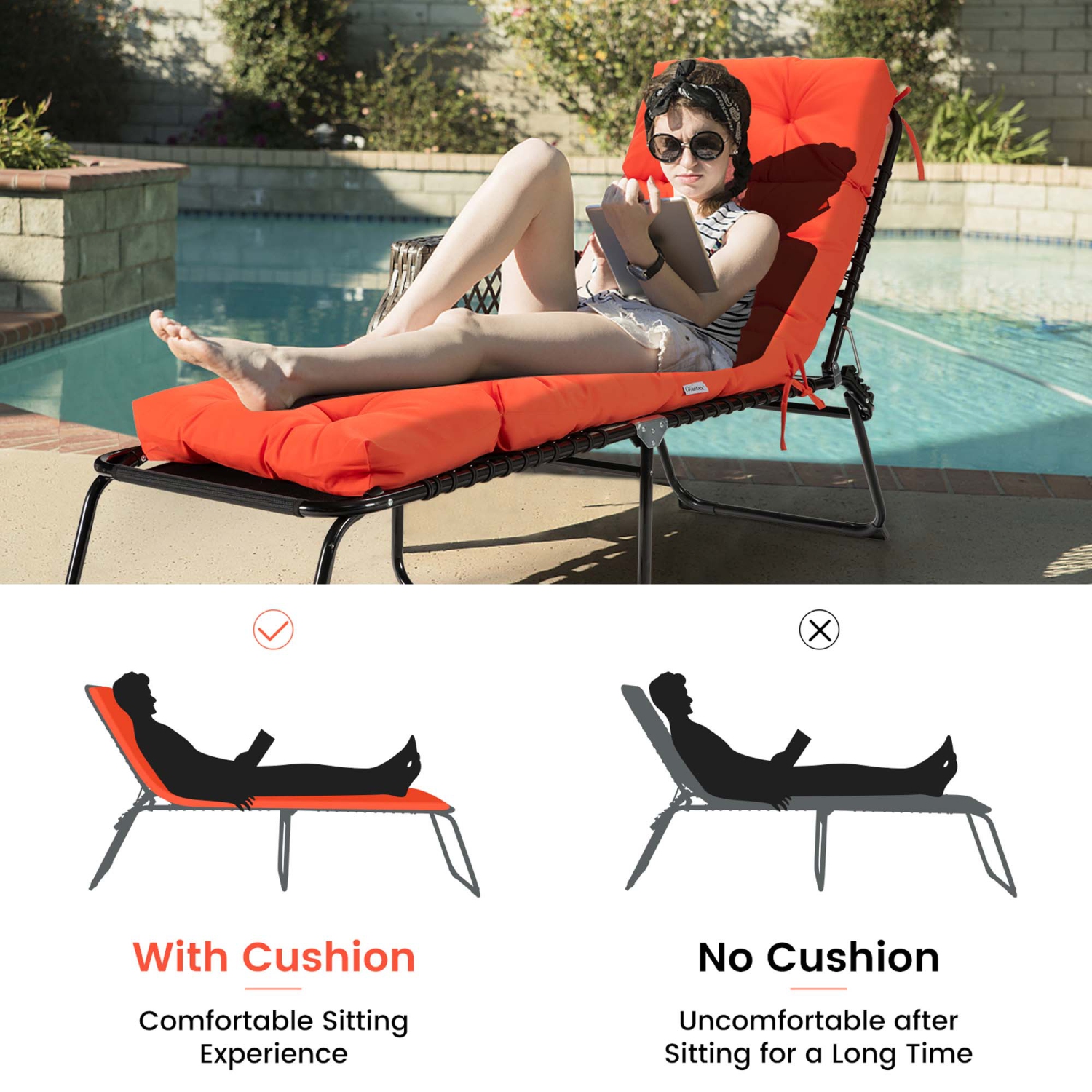 Costway 2 PCS 73" Lounge Chaise Cushion Padded Recliner Cushion Indoor Outdoor Black/Dark Orange/Gray/Orange/Brown/Beige