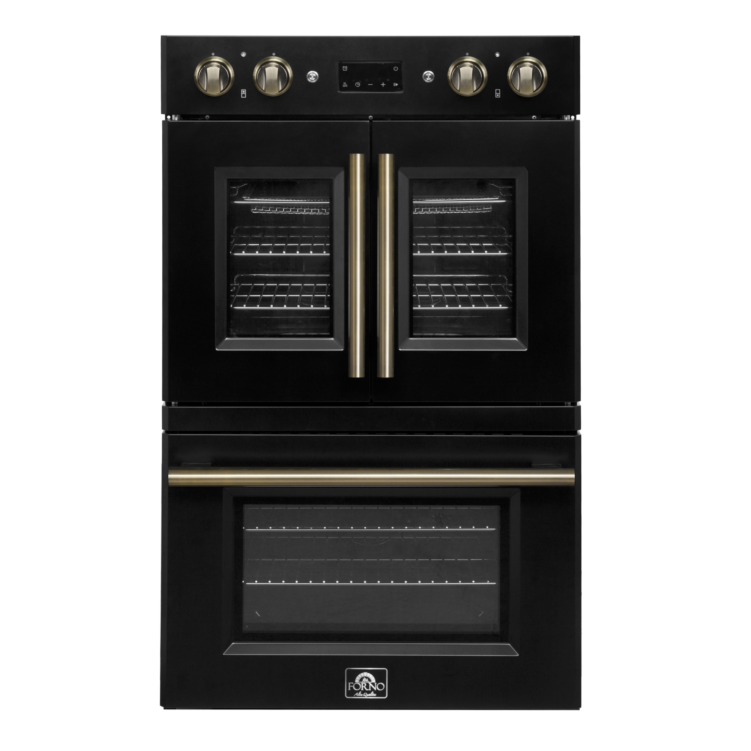 Forno Asti 30-Inch Double Electric Wall Oven with Upper French Doors in Black & Antique Brass, 7.36 cu. ft. Dual True Convection, 7,200W, Air Fry,