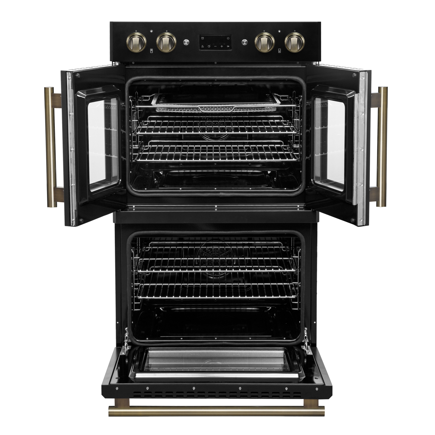 Forno Asti 30-Inch Double Electric Wall Oven with Upper French Doors in Black & Antique Brass, 7.36 cu. ft. Dual True Convection, 7,200W, Air Fry,