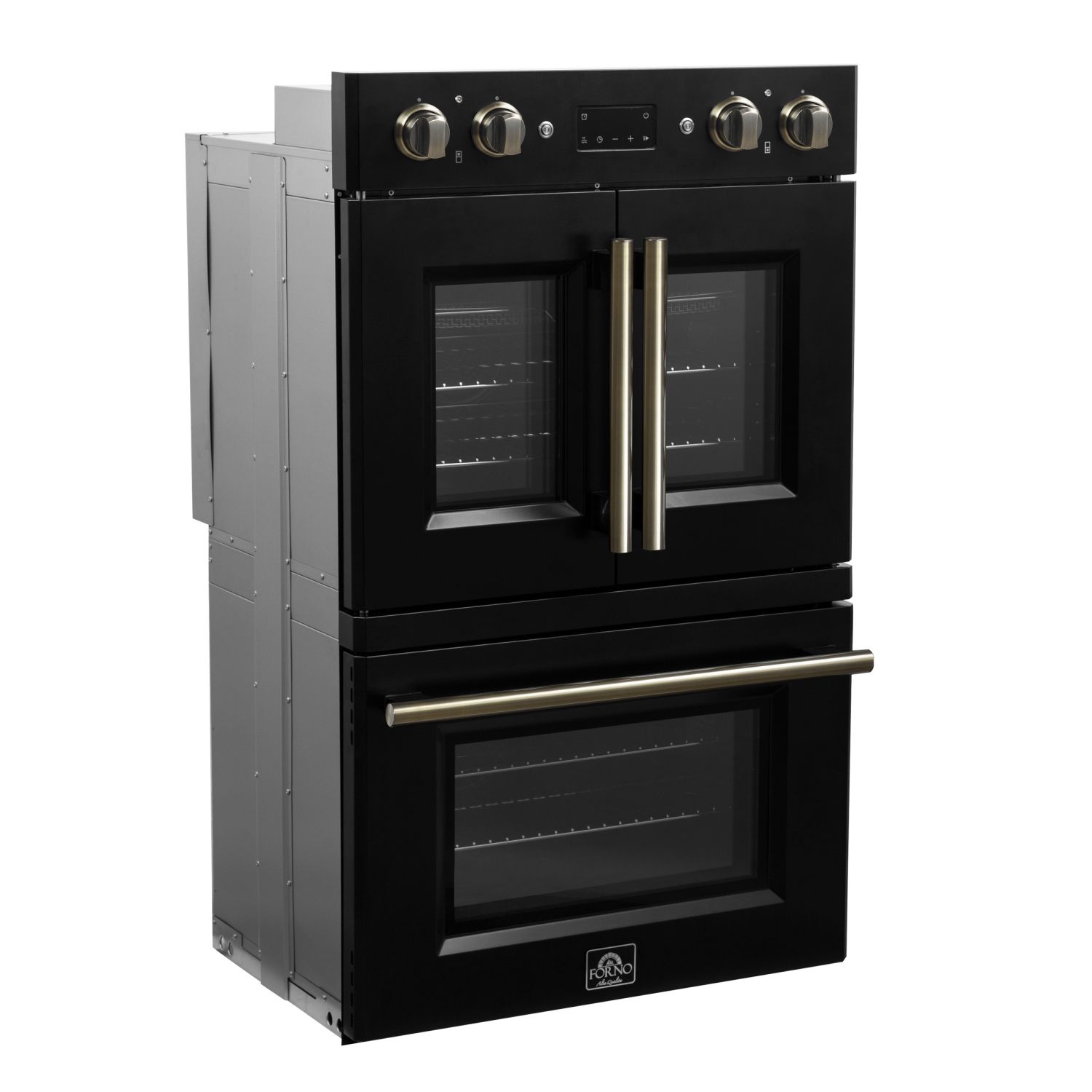 Forno Asti 30-Inch Double Electric Wall Oven with Upper French Doors in Black & Antique Brass, 7.36 cu. ft. Dual True Convection, 7,200W, Air Fry,