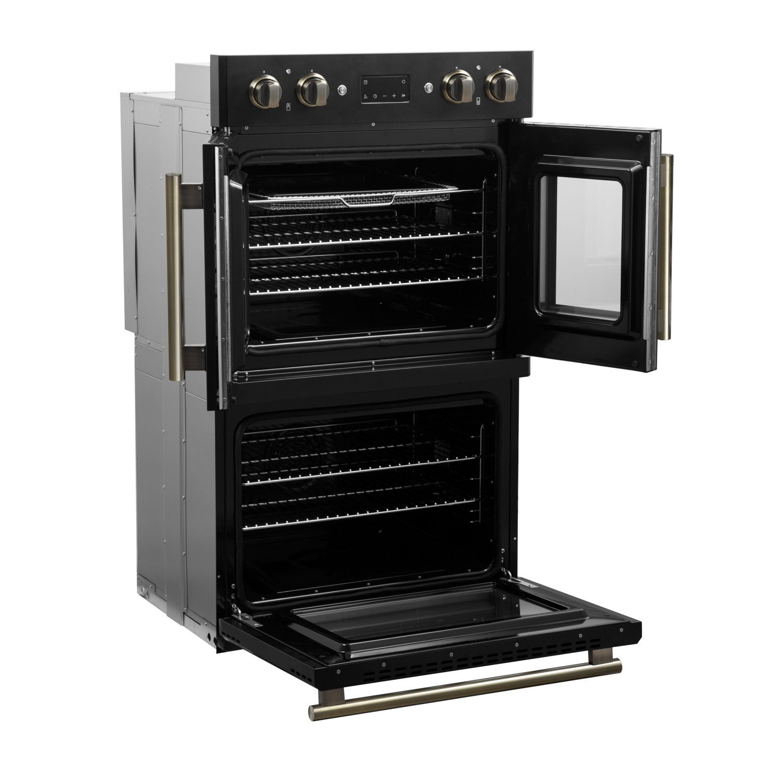 Forno Asti 30-Inch Double Electric Wall Oven with Upper French Doors in Black & Antique Brass, 7.36 cu. ft. Dual True Convection, 7,200W, Air Fry,