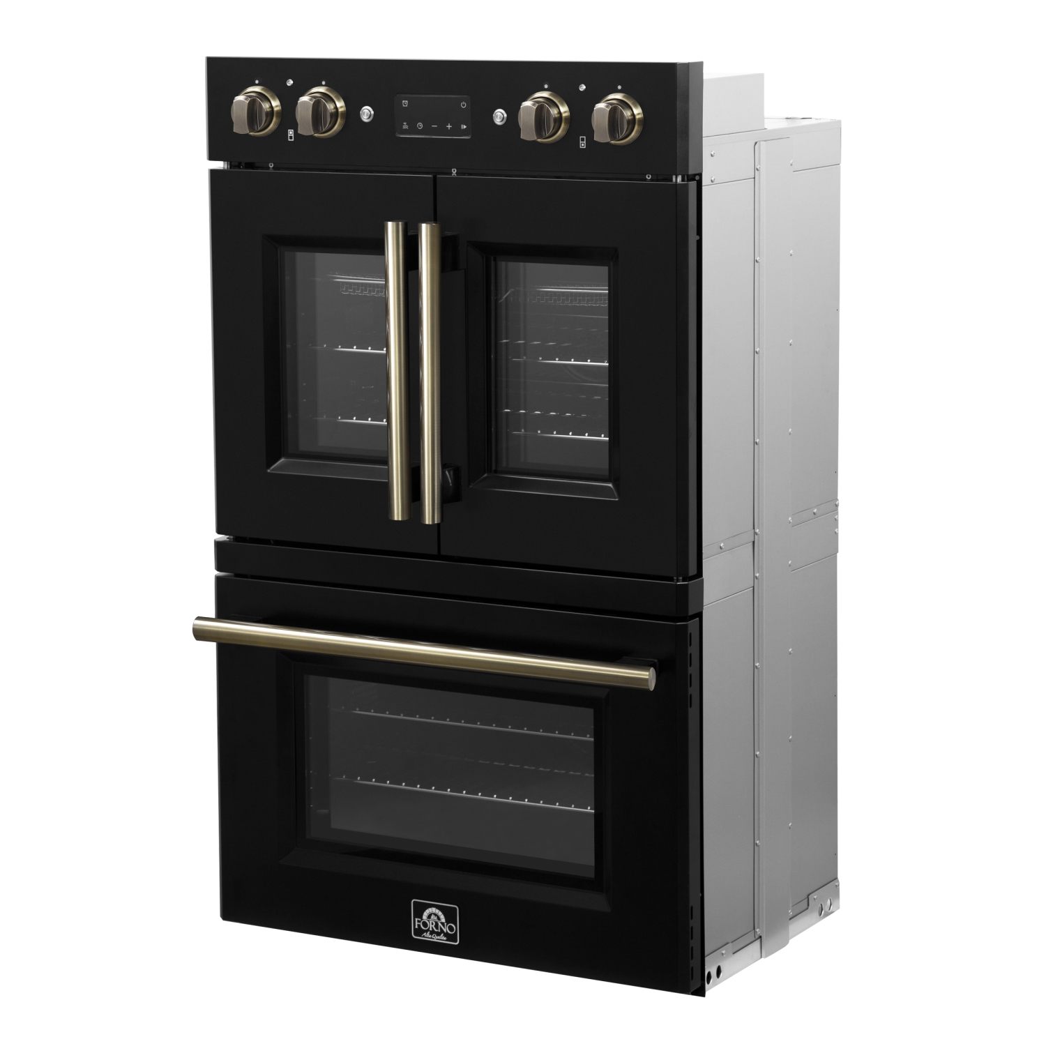 Forno Asti 30-Inch Double Electric Wall Oven with Upper French Doors in Black & Antique Brass, 7.36 cu. ft. Dual True Convection, 7,200W, Air Fry,