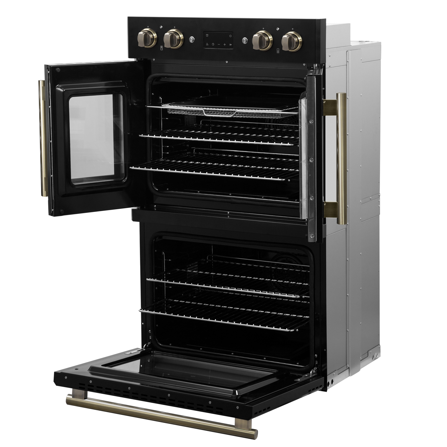 Forno Asti 30-Inch Double Electric Wall Oven with Upper French Doors in Black & Antique Brass, 7.36 cu. ft. Dual True Convection, 7,200W, Air Fry,