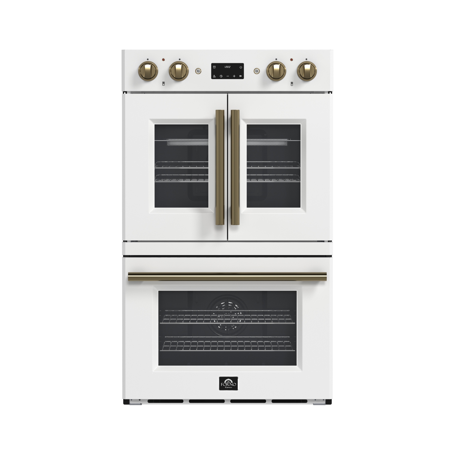 Forno Asti 30-Inch Double Electric Wall Oven with Upper French Doors in White & Antique Brass, 7.36 cu. ft. Dual True Convection, 7,200W, Air Fry,