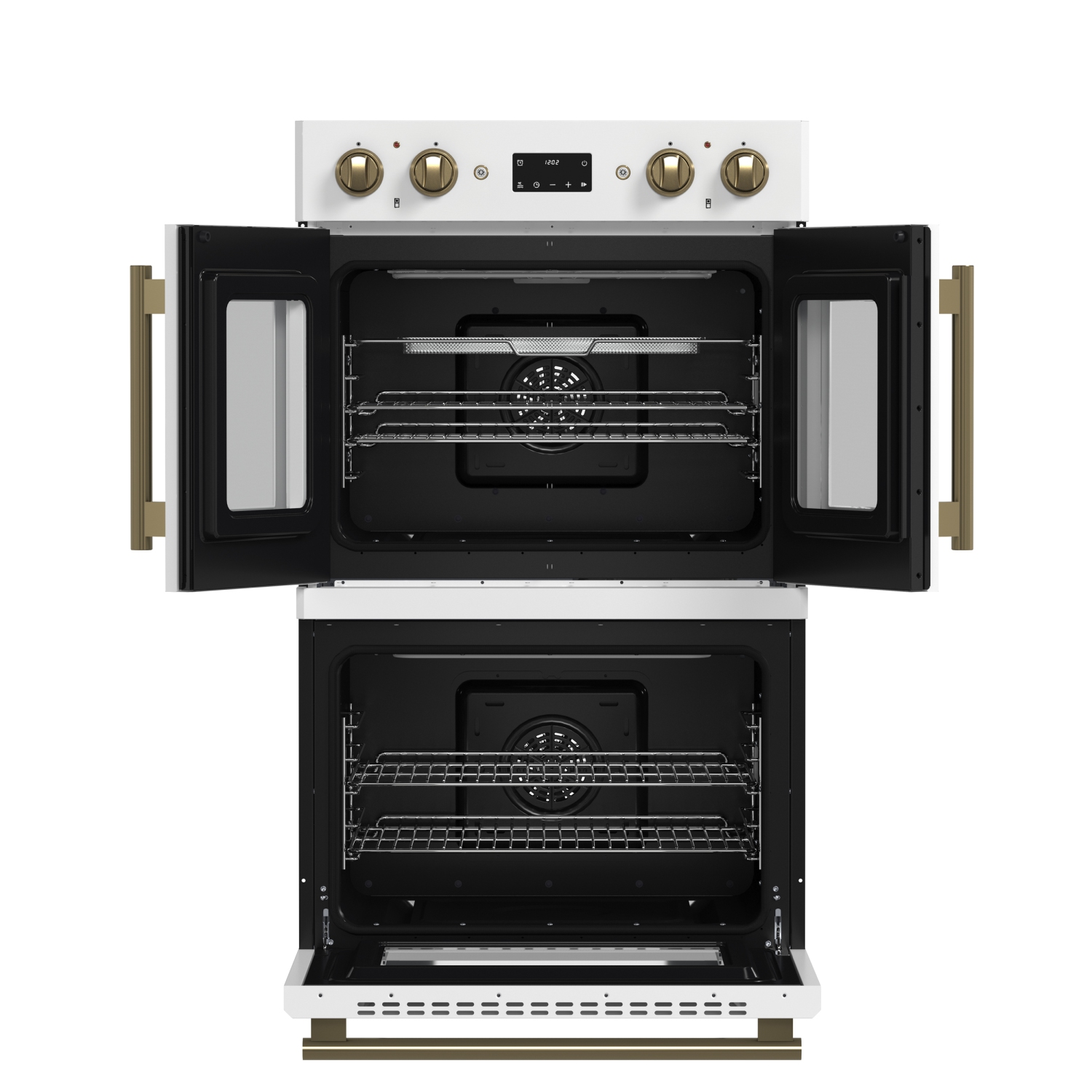 Forno Asti 30-Inch Double Electric Wall Oven with Upper French Doors in White & Antique Brass, 7.36 cu. ft. Dual True Convection, 7,200W, Air Fry,