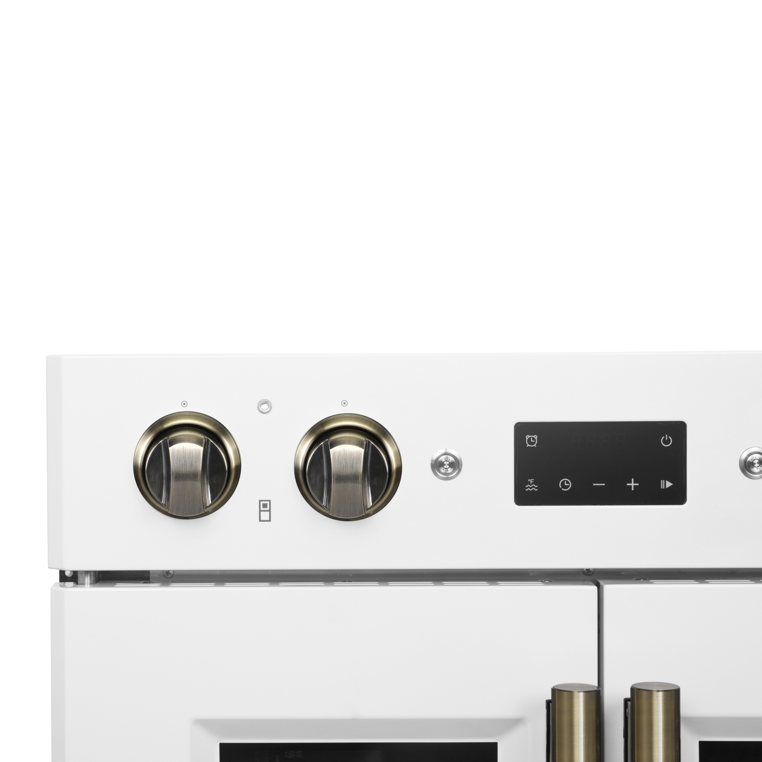 Forno Asti 30-Inch Double Electric Wall Oven with Upper French Doors in White & Antique Brass, 7.36 cu. ft. Dual True Convection, 7,200W, Air Fry,