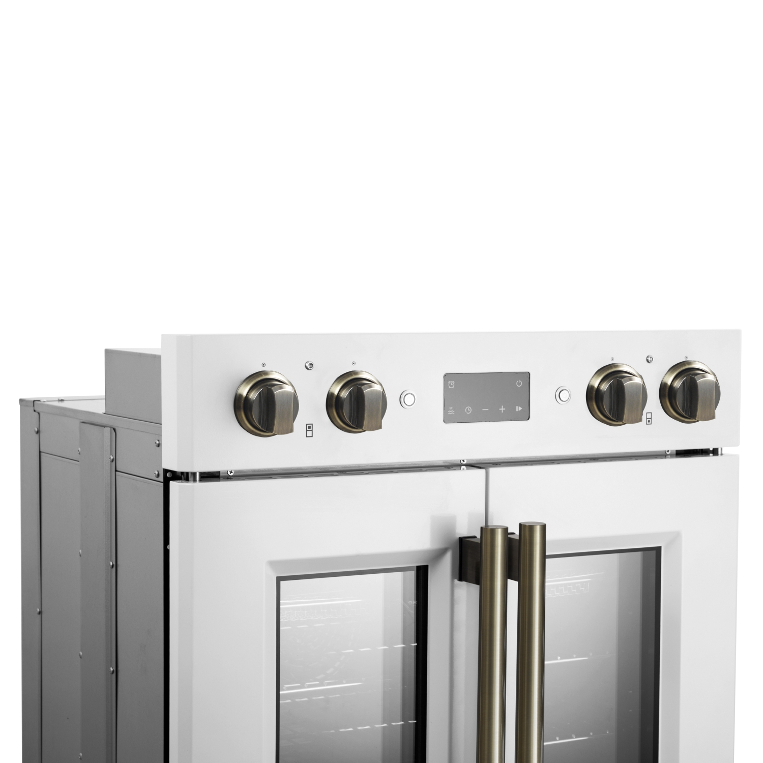 Forno Asti 30-Inch Double Electric Wall Oven with Upper French Doors in White & Antique Brass, 7.36 cu. ft. Dual True Convection, 7,200W, Air Fry,