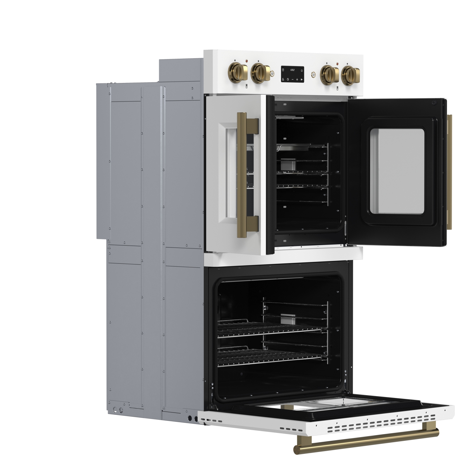 Forno Asti 30-Inch Double Electric Wall Oven with Upper French Doors in White & Antique Brass, 7.36 cu. ft. Dual True Convection, 7,200W, Air Fry,