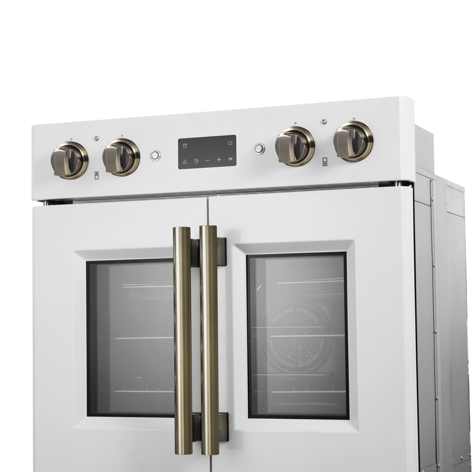 Forno Asti 30-Inch Double Electric Wall Oven with Upper French Doors in White & Antique Brass, 7.36 cu. ft. Dual True Convection, 7,200W, Air Fry,