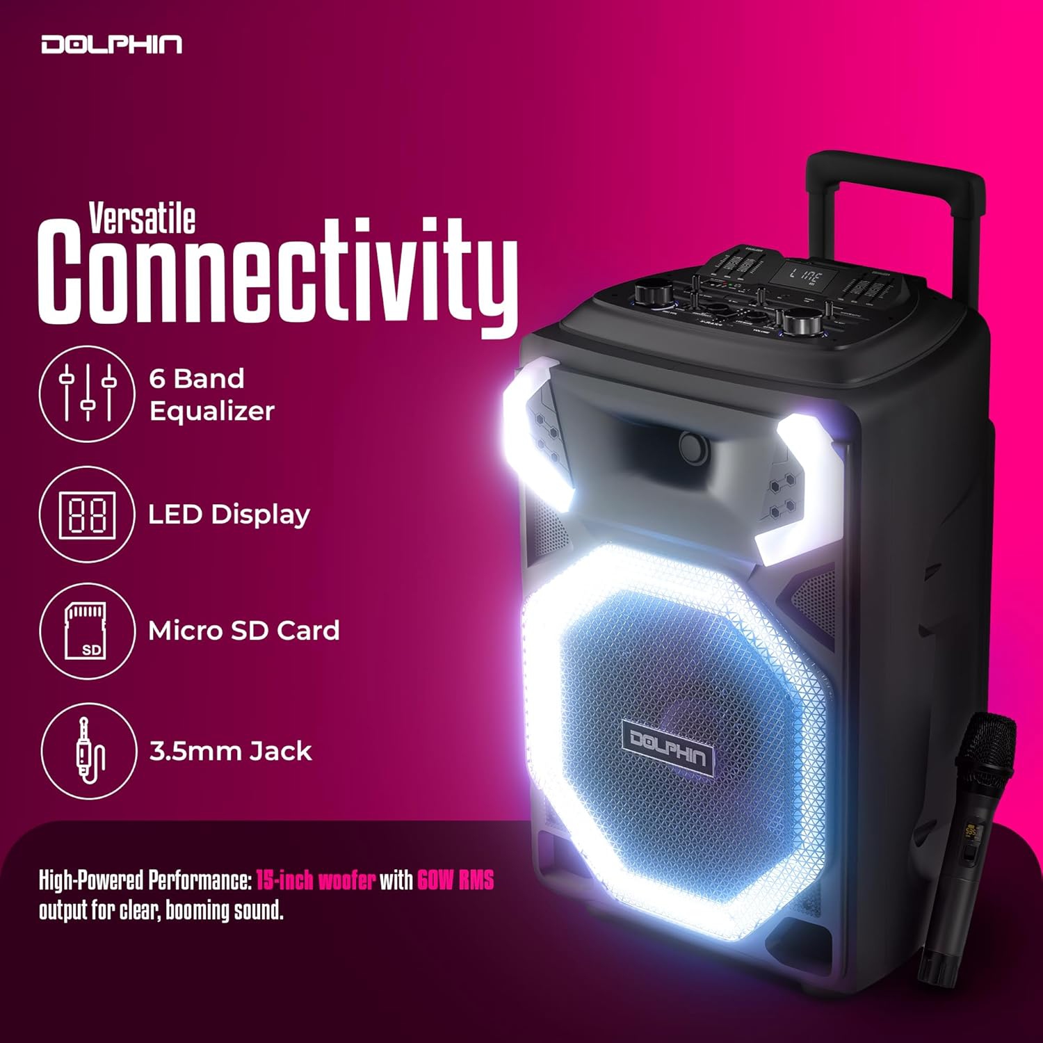 Haut-parleur de fête portatif Bluetooth SP-3115RBT de Dolphin avec haut-parleur de graves haute puissance de 15&nbsp;po