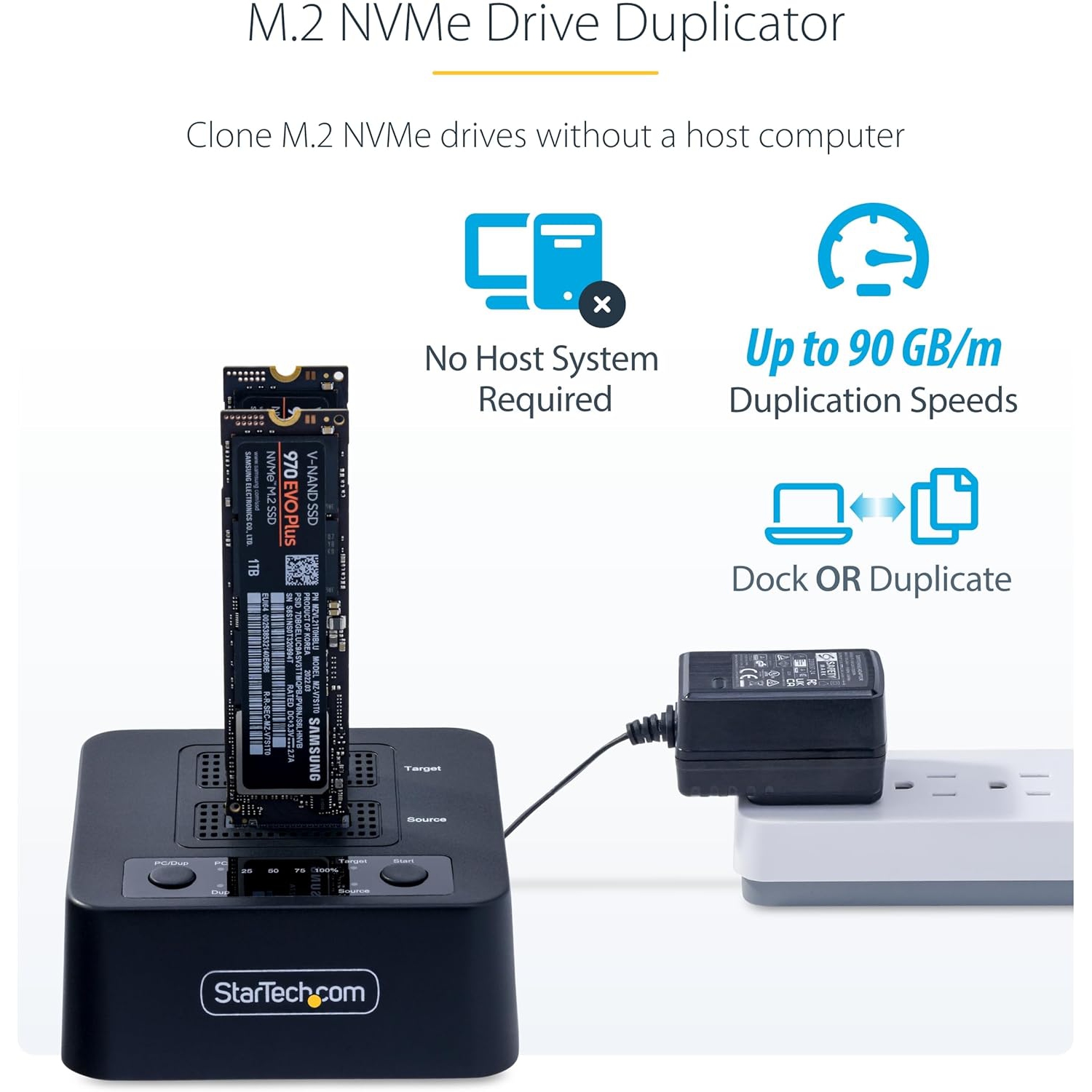 StarTech.com 1:Duplicateur de disque NVMe 1 M.2 – Clonateur autonome M.2 SSD avec station d'accueil à deux baies USB-C 3,2 20 Gb/s