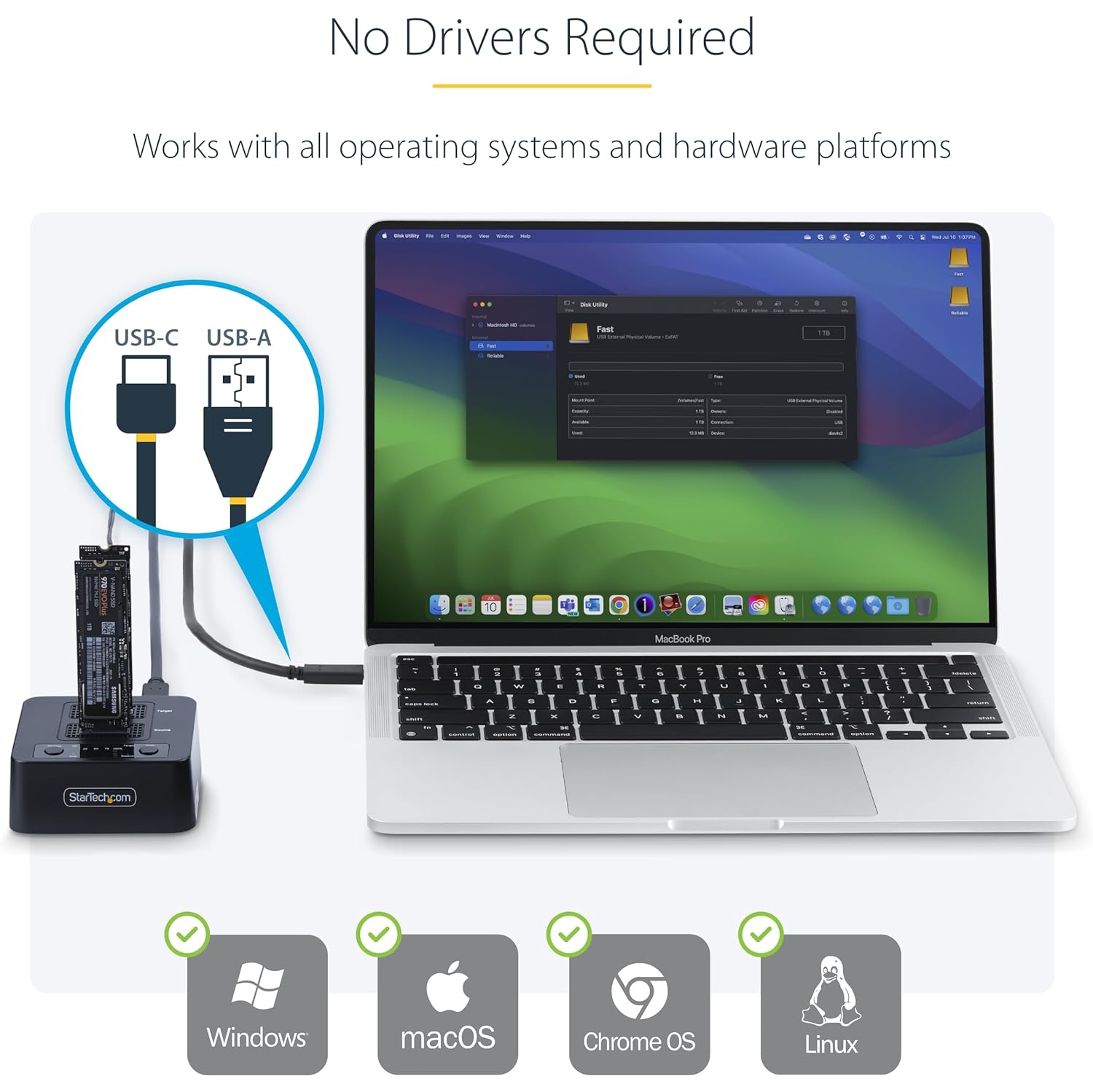 StarTech.com 1:Duplicateur de disque NVMe 1 M.2 – Clonateur autonome M.2 SSD avec station d'accueil à deux baies USB-C 3,2 20 Gb/s