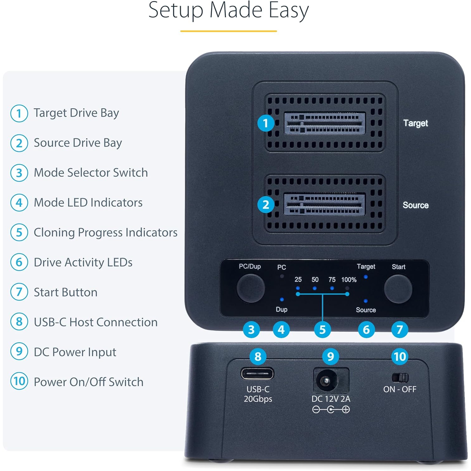 StarTech.com 1:Duplicateur de disque NVMe 1 M.2 – Clonateur autonome M.2 SSD avec station d'accueil à deux baies USB-C 3,2 20 Gb/s