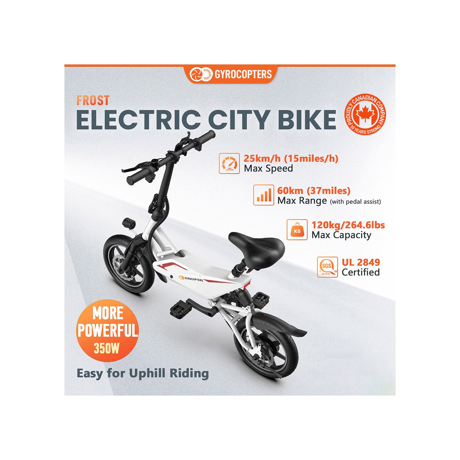 Gyrocopters Frost Electric Bike for Adults & Teens | Speed upto 25kmph, Range PAS up to 60km | Folding Ebike, 350W Brushless Motor & 14" Tires,