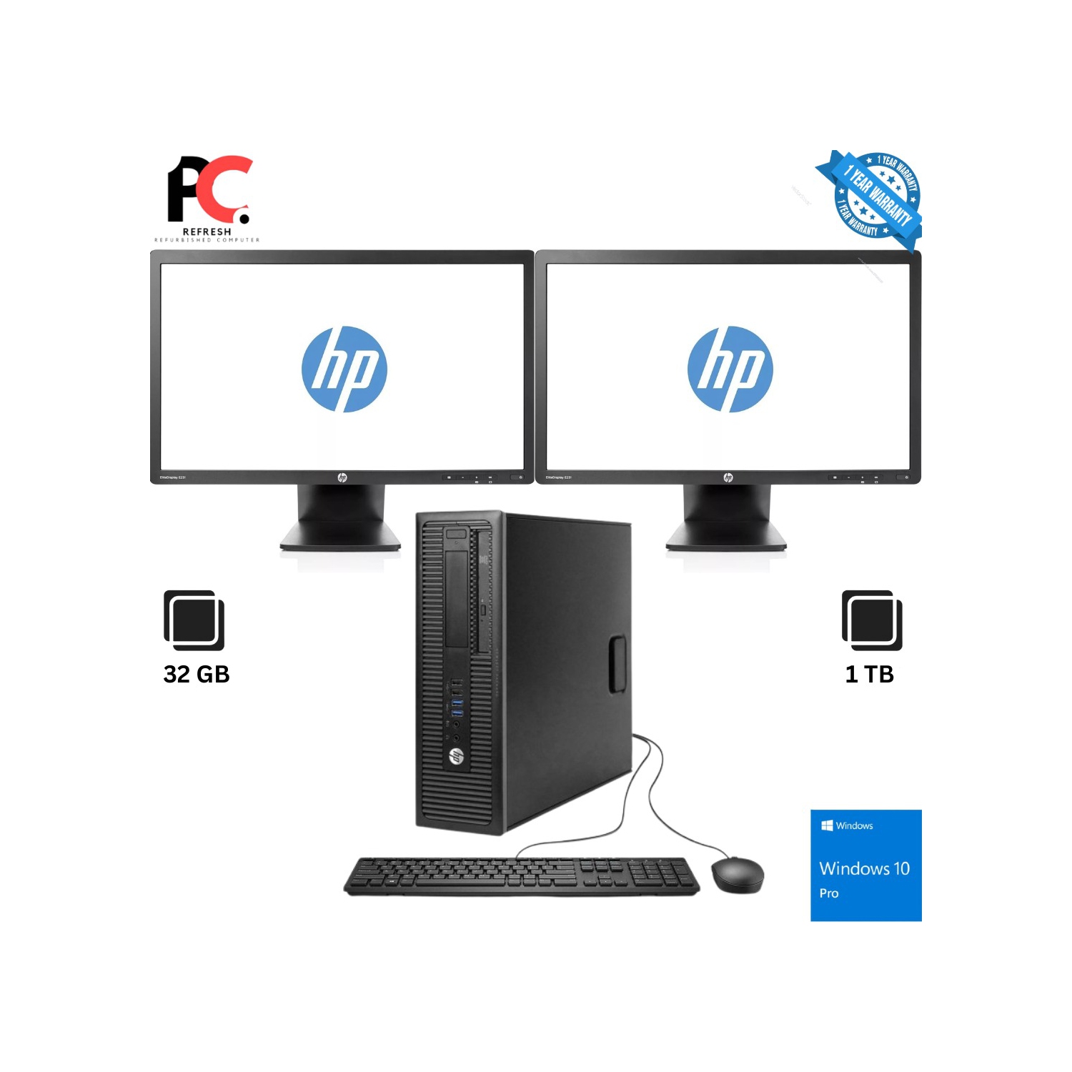 Refurbished (Excellent) - HP EliteDesk 800 G1 SFF Desktop + Dual (2) 23" HP Monitors Intel Core i7-4770 3.40GHz, 32GB RAM, 1TB SSD, WiFi, Keybord mouse,Windows 10 Pro