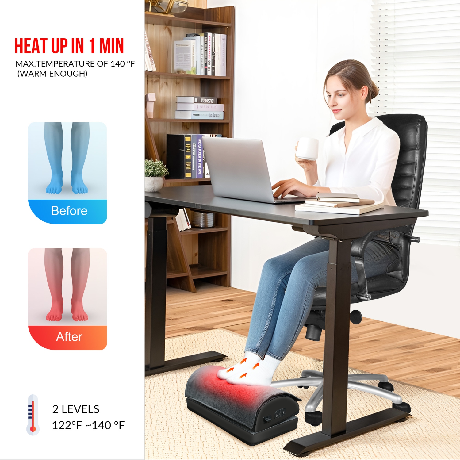 Snailax Foot Rest Under Desk at Work, 2 Heating Levels, 3 Vibrating Massage Modes, Heated Ergonomic Foot Stool with Adjustable Height - 535