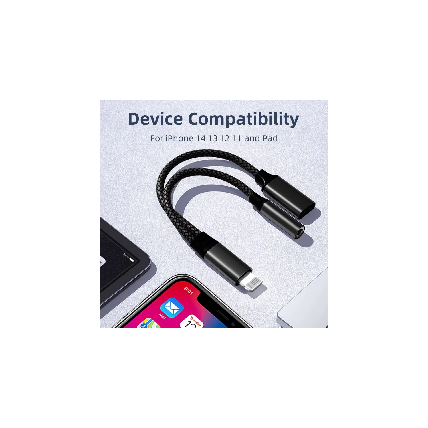 Adaptateur audio pour écouteurs 2-en-1 avec prise 3,5&nbsp;mm pour iPhone 14 13 12 11 XR Plus Pro Max Mini USB de type C rapide