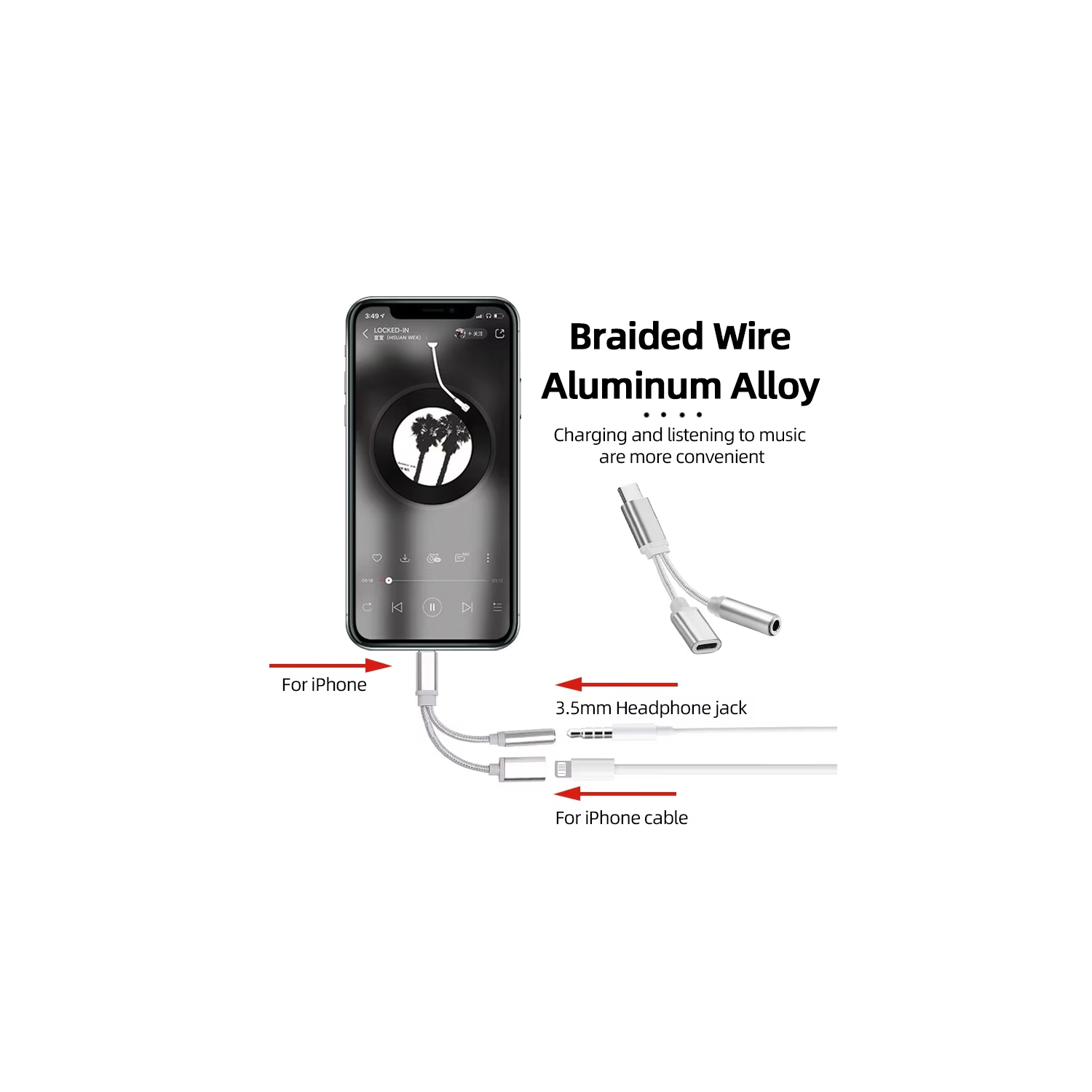 Adaptateur audio pour écouteurs 2-en-1 avec prise 3,5&nbsp;mm pour iPhone 14 13 12 11 XR Plus Pro Max Mini USB de type C rapide