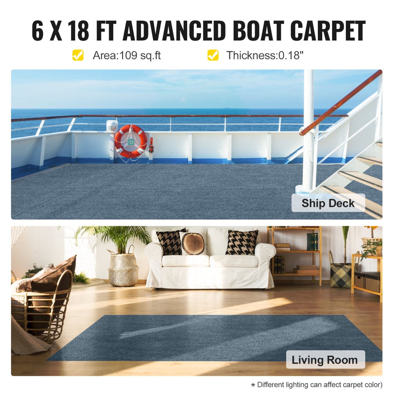 VEVOR 6 ft x 18 ft Gray Marine Carpet, Boat Carpet Rugs Indoor Outdoor Rugs for Patio Deck Anti-Slide, TPR Water-Proof, Back Cut Outdoor Marine
