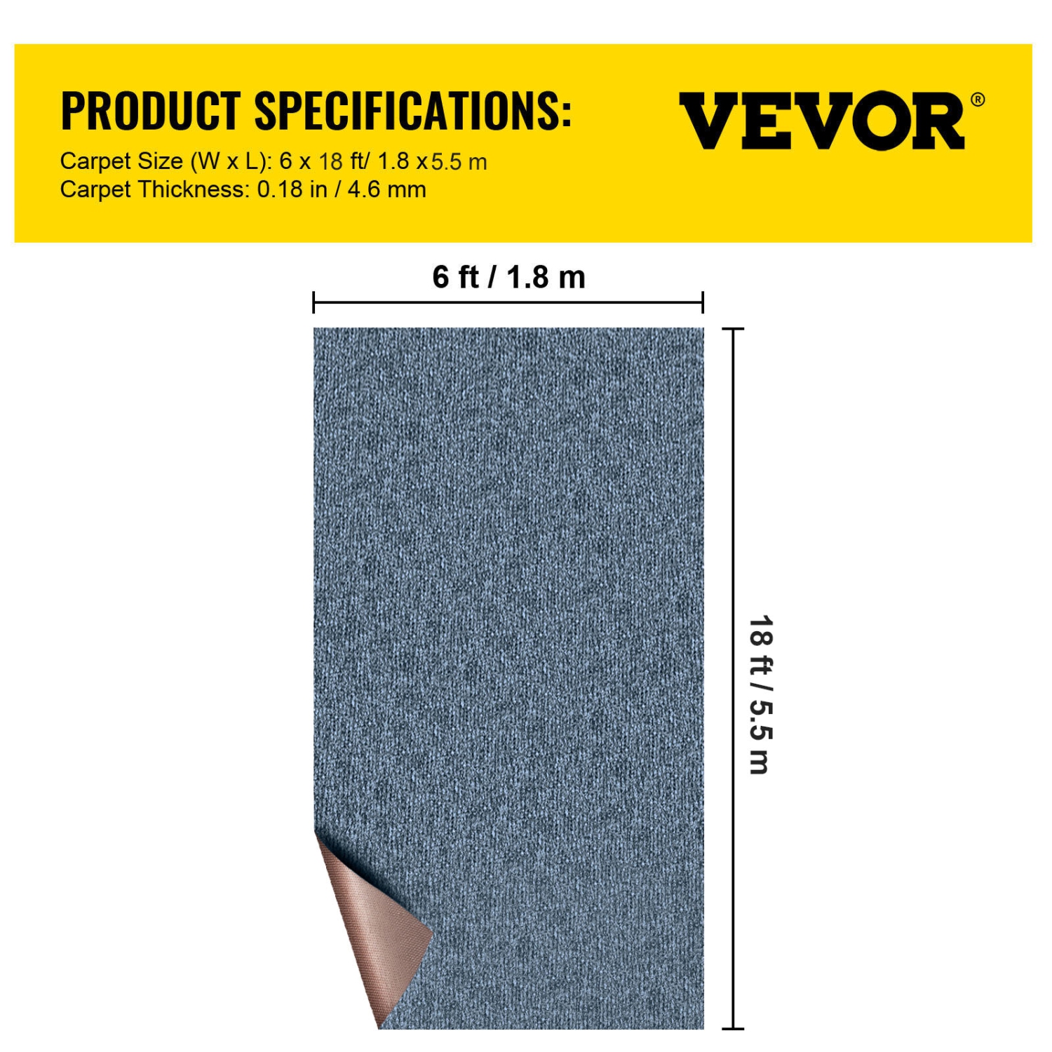 VEVOR 6 ft x 18 ft Gray Marine Carpet, Boat Carpet Rugs Indoor Outdoor Rugs for Patio Deck Anti-Slide, TPR Water-Proof, Back Cut Outdoor Marine