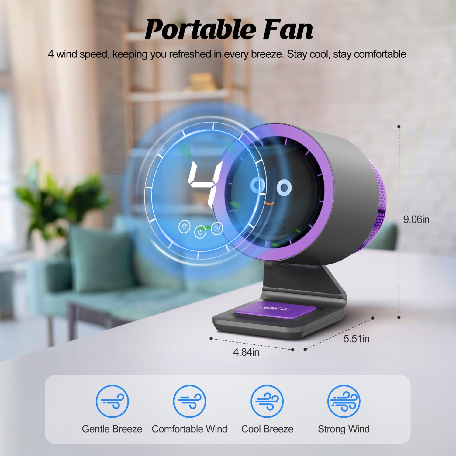 Ventilateur portatif avec purificateur d'air, ventilateur personnel avec quatre émotions différentes, petits ventilateurs de bureau silencieux,