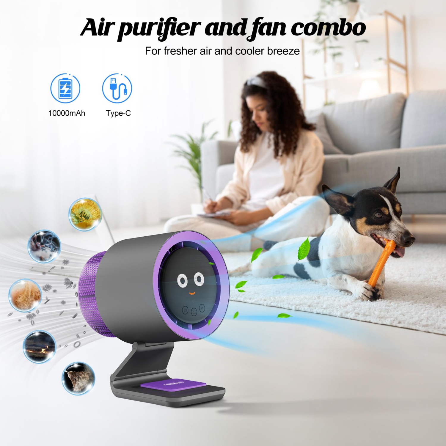 Ventilateur portatif avec purificateur d'air, ventilateur personnel avec quatre émotions différentes, petits ventilateurs de bureau silencieux,