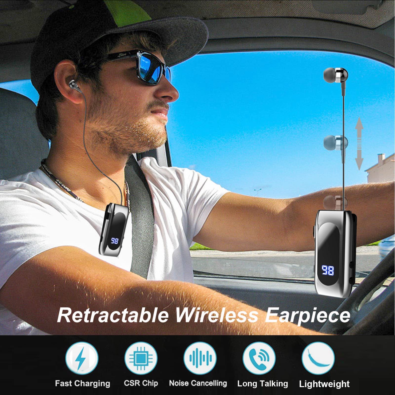 Retractable Wireless Headset Headphone Stereo Earphone V5.0 Noise Cancelling Mic Clip on Earpiece Comfortable HandsFree Headset