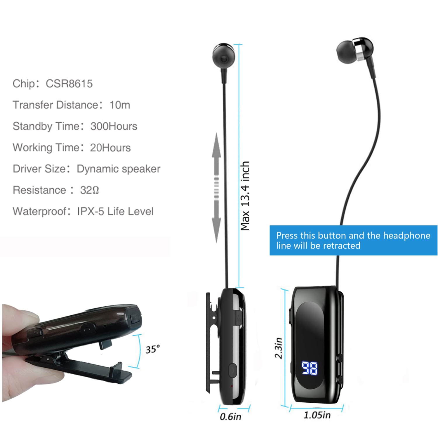 Retractable Wireless Headset Headphone Stereo Earphone V5.0 Noise Cancelling Mic Clip on Earpiece Comfortable HandsFree Headset
