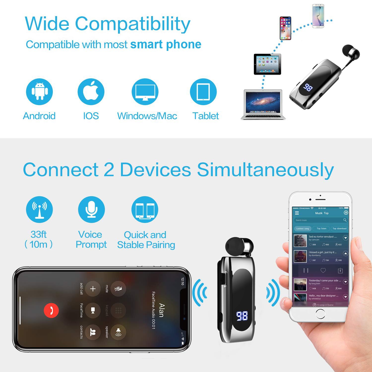 Retractable Wireless Headset Headphone Stereo Earphone V5.0 Noise Cancelling Mic Clip on Earpiece Comfortable HandsFree Headset