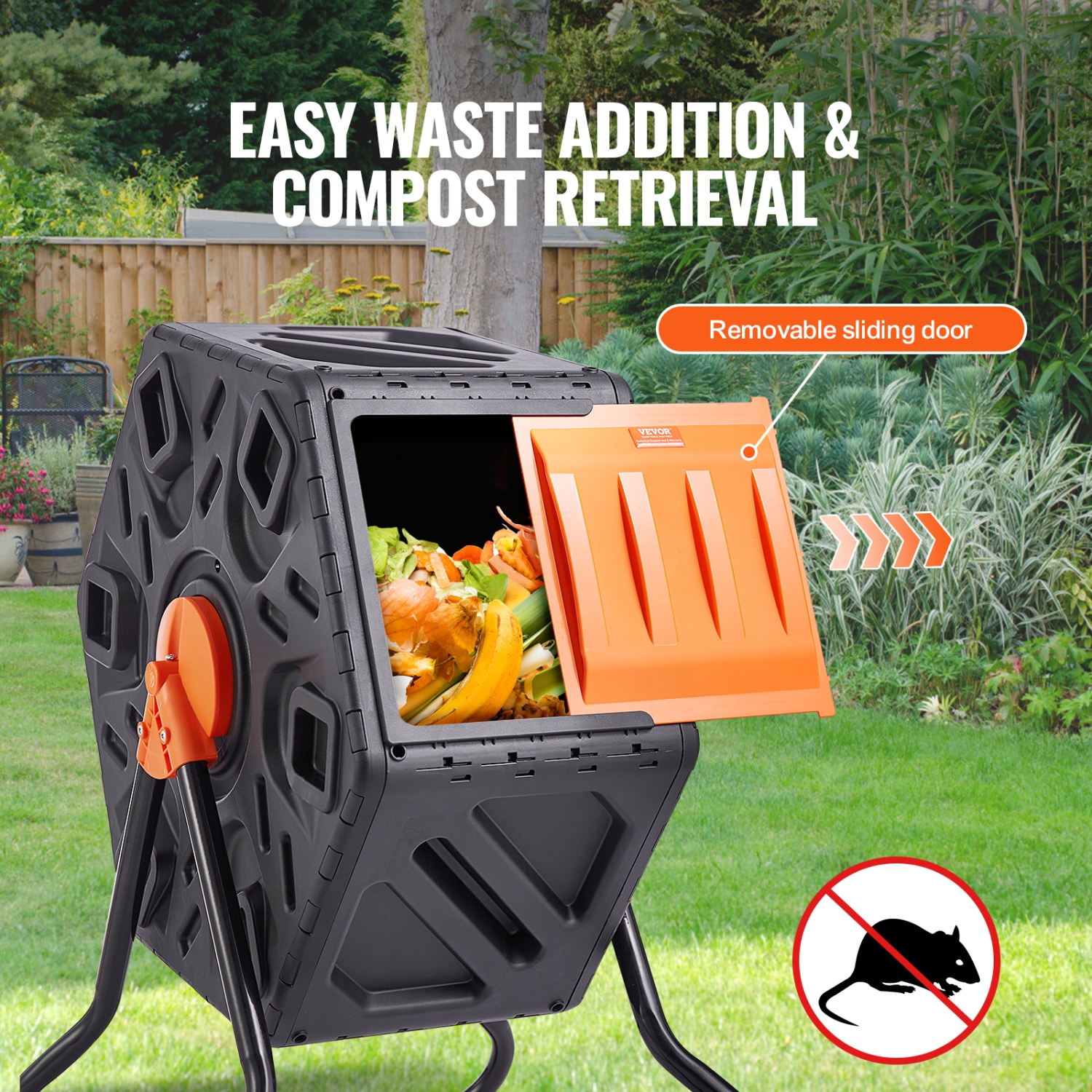VEVOR 18.5-Gal Compost Bin, Composting Tumbler, Compact Single Rotating Chamber with Sliding Door and Steel Frame, BPA Free Small Composter Bin