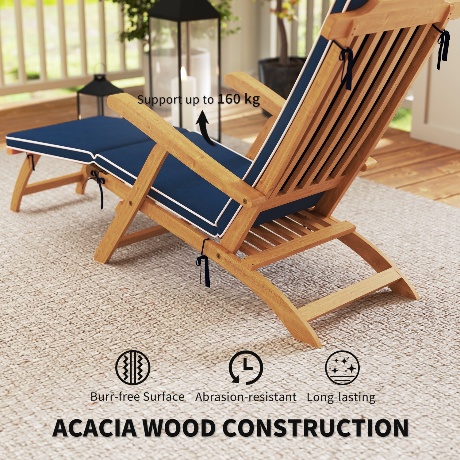 Outsunny Outdoor Lounge Chair, Acacia Wood Folding Chaise Lounge Chair Recliner with Adjustable Footrest, Padded Cushion, Recline Back and Armrests