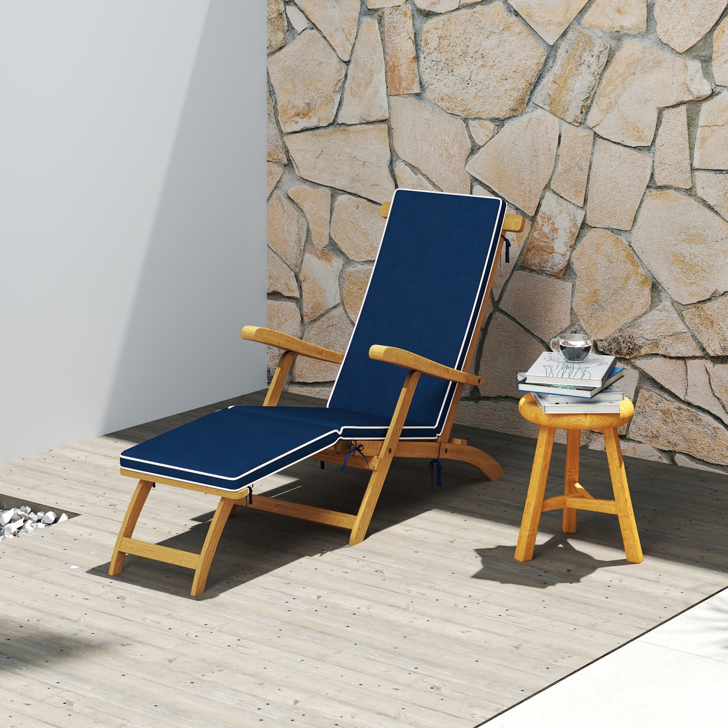 Outsunny Outdoor Lounge Chair, Acacia Wood Folding Chaise Lounge Chair Recliner with Adjustable Footrest, Padded Cushion, Recline Back and Armrests