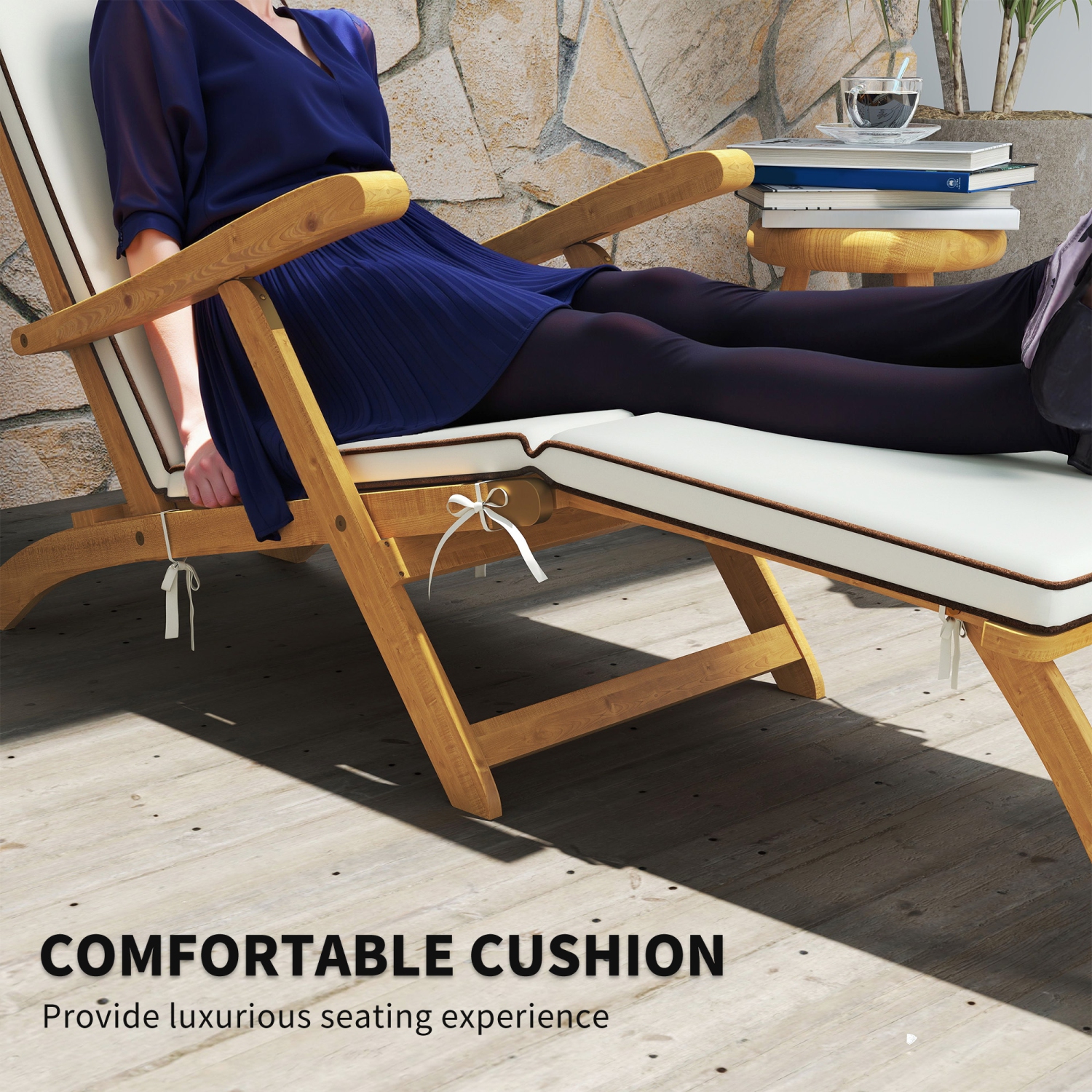 Chaise longue extérieure Outsunny, chaise longue pliante inclinable en bois d'acacia avec repose-pieds réglable, coussin rembourré, dossier