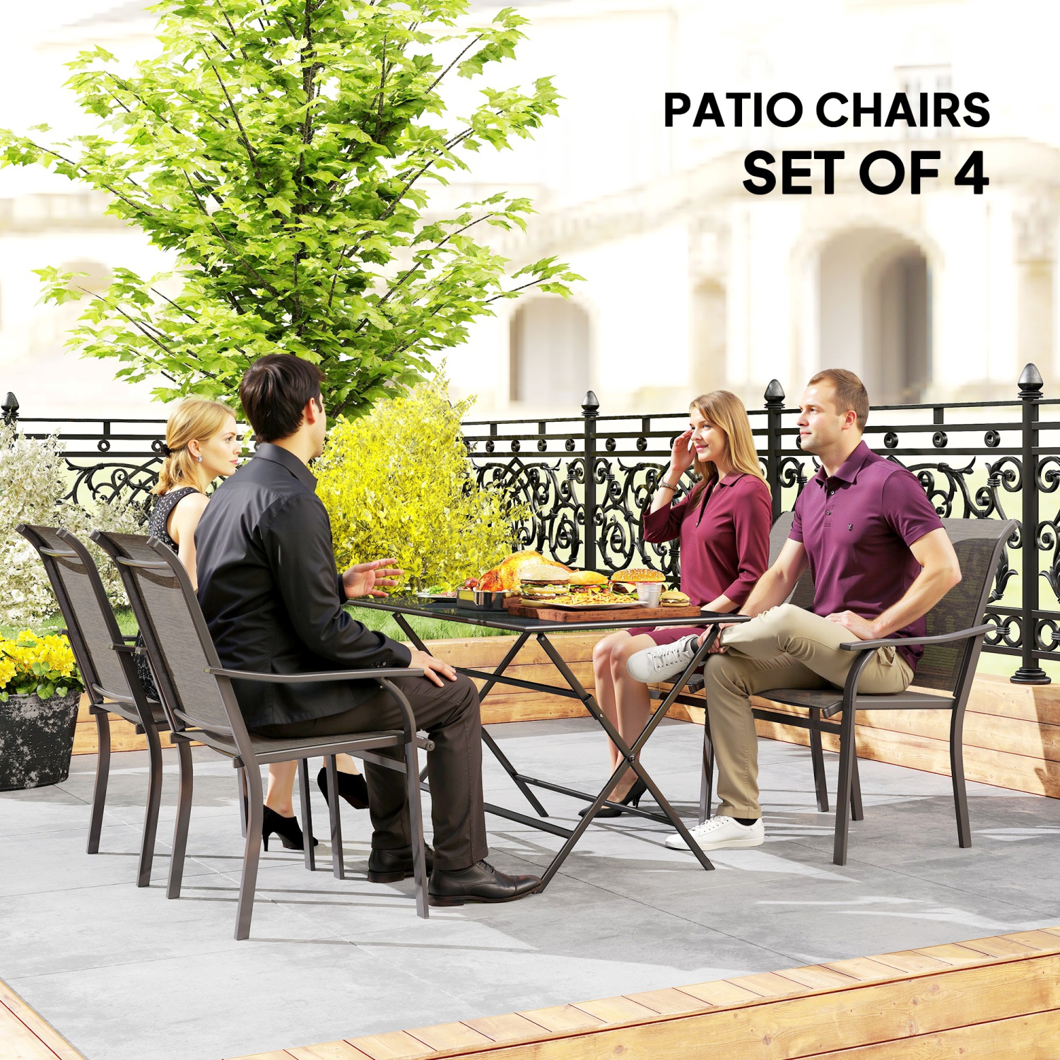 Ensemble de 4 chaises de patio Outsunny, chaises de patio avec accoudoirs, chaises de balcon en filet à dossier haut pour la cour arrière, véranda,