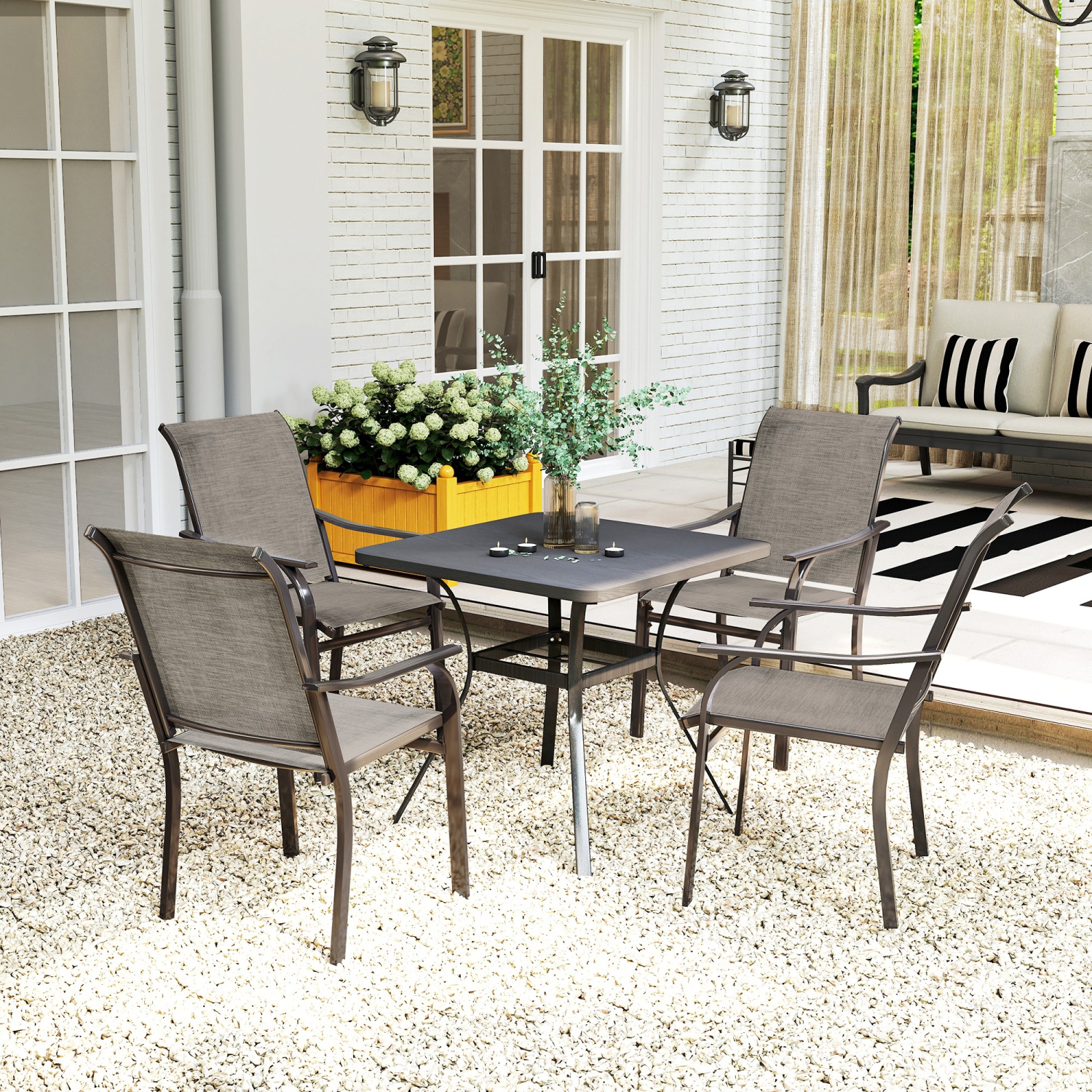 Ensemble de 4 chaises de patio Outsunny, chaises de patio avec accoudoirs, chaises de balcon en filet à dossier haut pour la cour arrière, véranda,