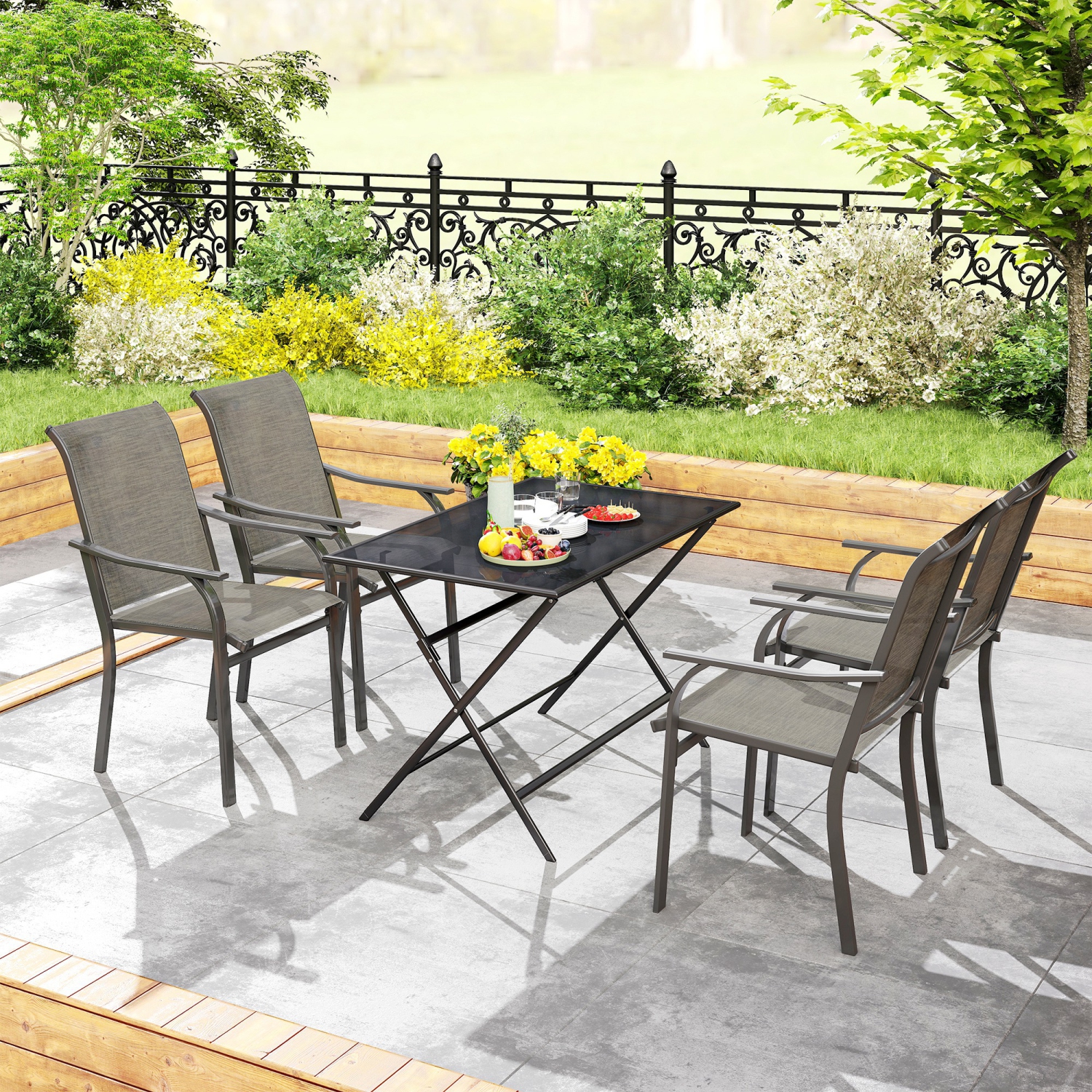 Ensemble de 4 chaises de patio Outsunny, chaises de patio avec accoudoirs, chaises de balcon en filet à dossier haut pour la cour arrière, véranda,