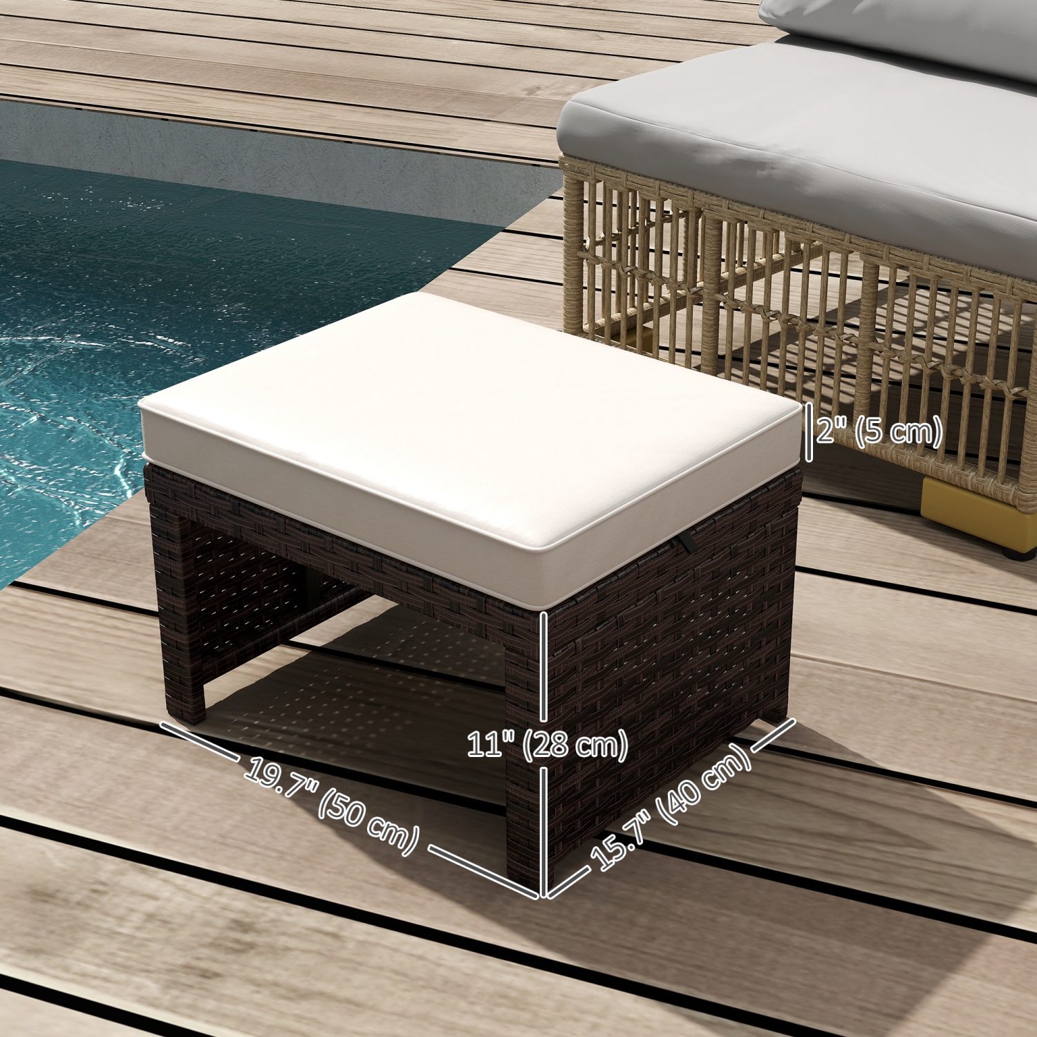 Pouf d'extérieur en osier Outsunny, poufs et repose-pieds d'extérieur de 2 pièces avec coussins amovibles, pouf en rotin PE, repose-pieds, table