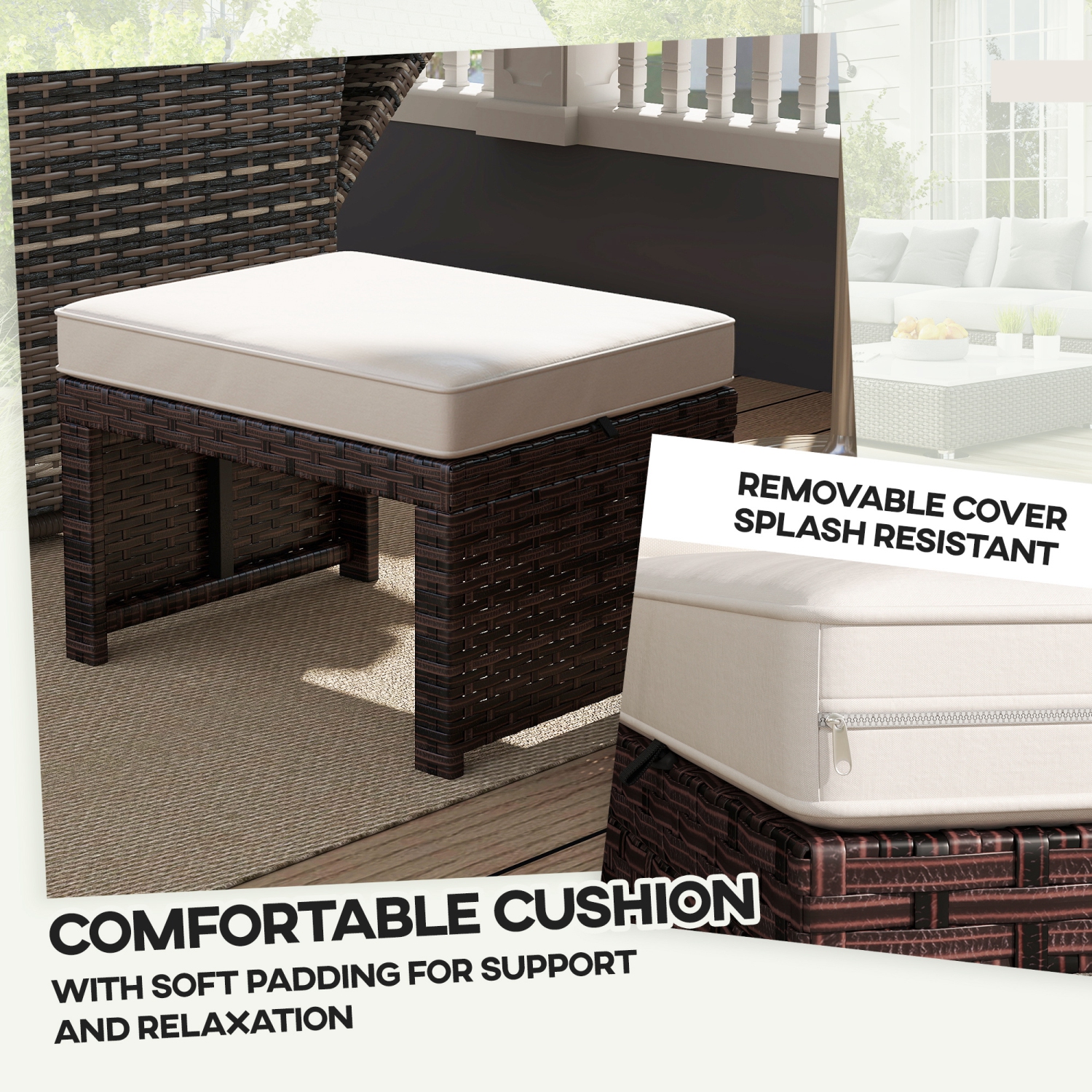 Pouf d'extérieur en osier Outsunny, poufs et repose-pieds d'extérieur de 2 pièces avec coussins amovibles, pouf en rotin PE, repose-pieds, table