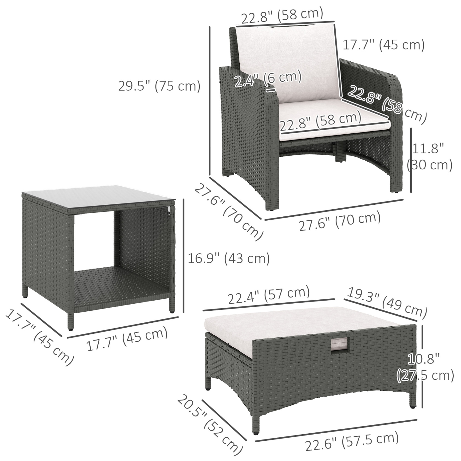 Ensemble de 5 meubles de patio en rotin Outsunny, ensemble de patio en osier avec 2 chaises, table basse à 2 niveaux, 2 poufs, coussins épais pour le
