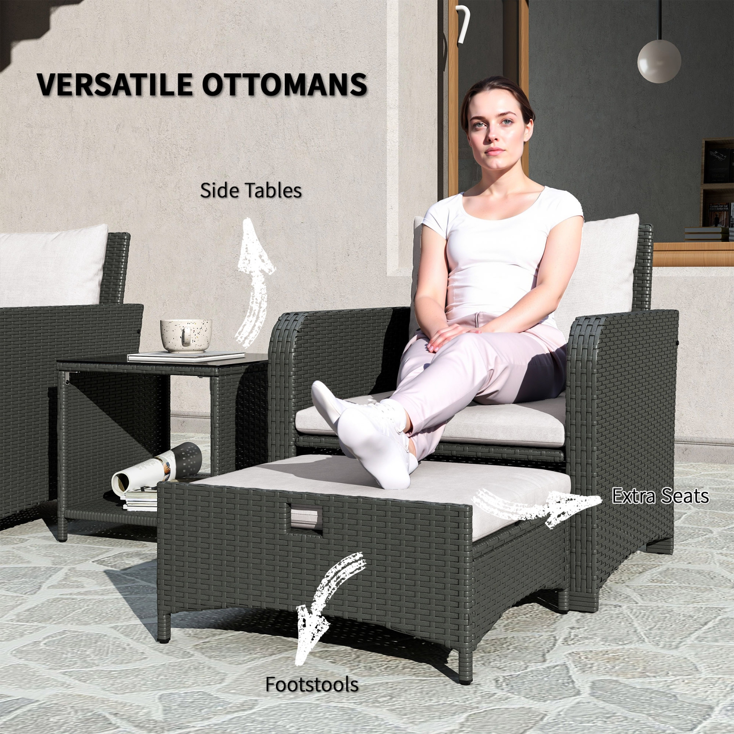 Ensemble de 5 meubles de patio en rotin Outsunny, ensemble de patio en osier avec 2 chaises, table basse à 2 niveaux, 2 poufs, coussins épais pour le