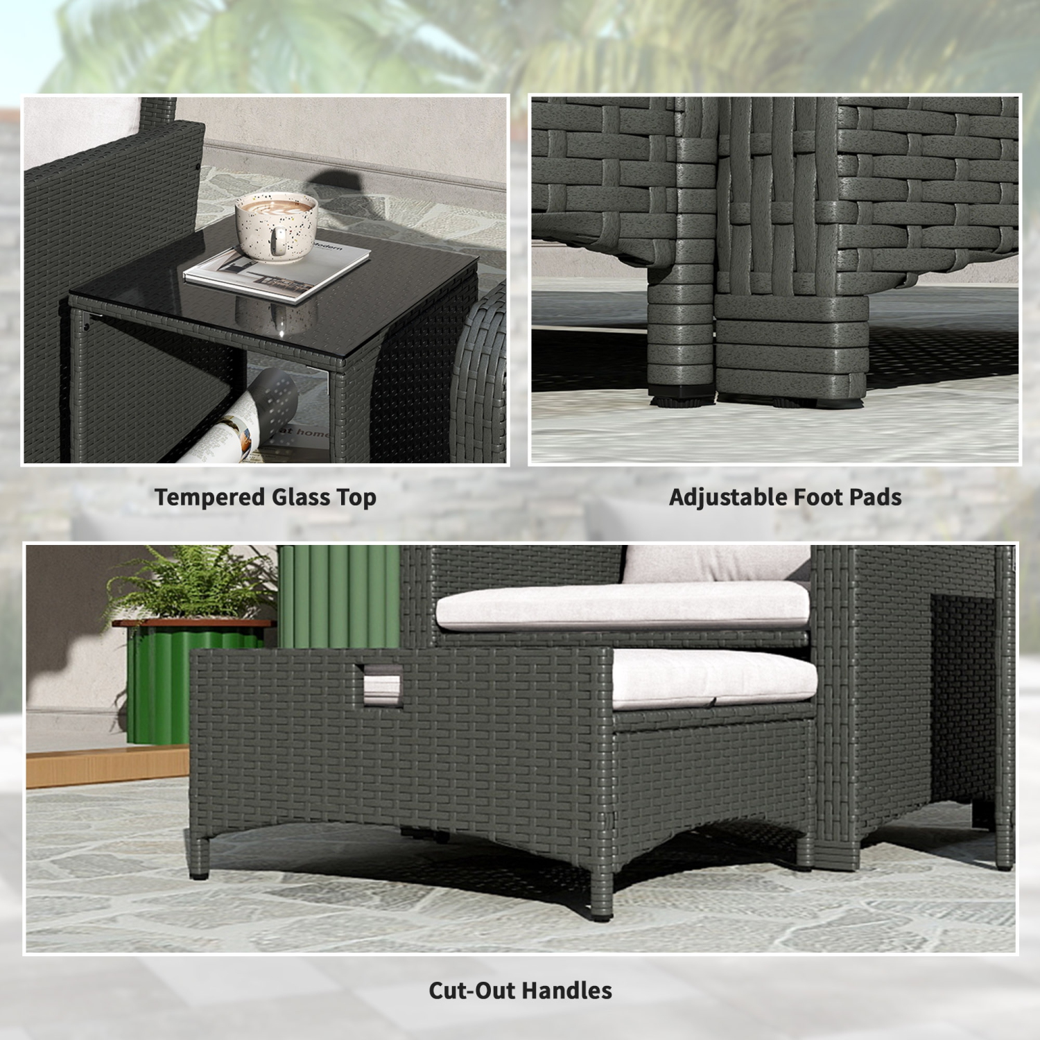 Ensemble de 5 meubles de patio en rotin Outsunny, ensemble de patio en osier avec 2 chaises, table basse à 2 niveaux, 2 poufs, coussins épais pour le